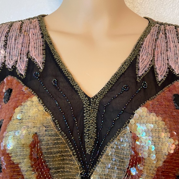 80’s Joan Crawford glamorous vintage handmade sequin beaded butterfly v-n tunic! - Picture 2 of 13